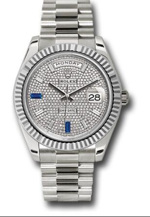 Replica Rolex White Gold Day-Date 40 Watch 228239 Fluted Bezel Diamond Paved Baguette Diamond Dial President Bracelet